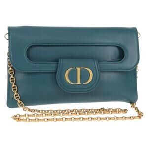 Christian Dior Chain Dior Double Shoulder Bag Leather Blue Gold Auth 147974M